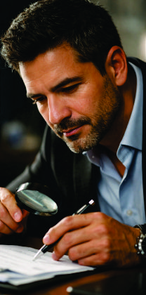 Auditor analizando evidencia con lupa